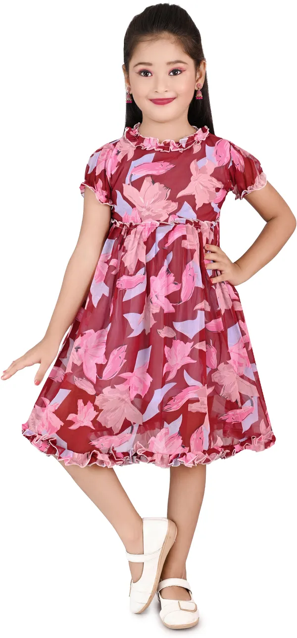 Maroon_Half_Sleeve_Girls_Midi/Knee_Length_Party_Dress_(Maroon,_Half_Sleeve)