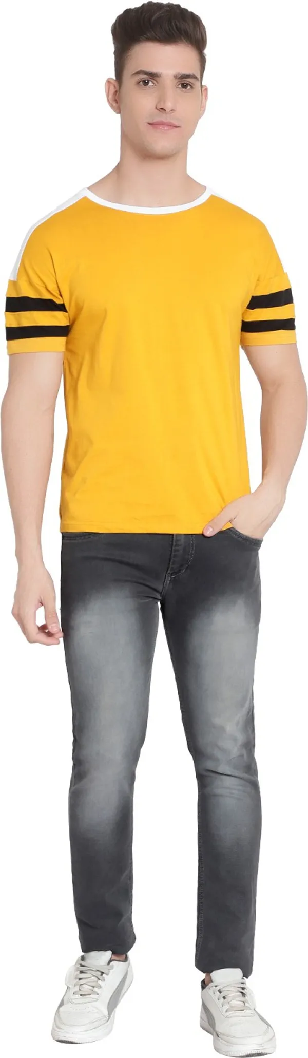 Yellow__Striped_Men_Round_Neck_Yellow_T-Shirt
