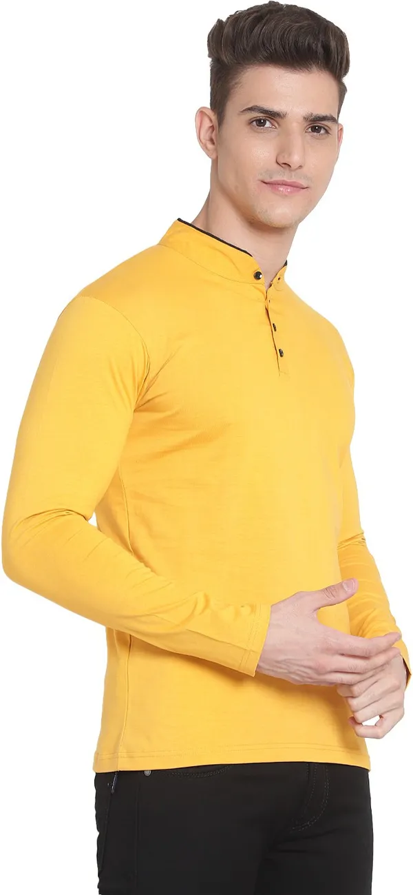 Yellow__Solid_Men_Mandarin_Collar_Yellow_T-Shirt