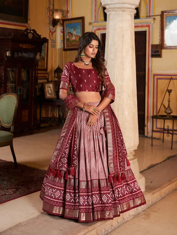 MAROON_COLOR_SILK_LEHENGA_CHOLI_WITH_PATOLA_PRINT_DUPATTA