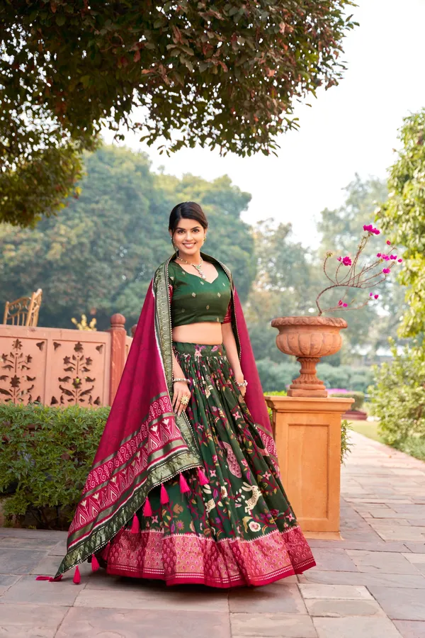 Tussar_Silk_Green_Fabulously_Patola_Printed_Stitched_Lehenga_&_Blouse_With_Dupatta