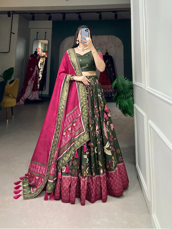 Tussar_Silk_Green_Fabulously_Patola_Printed_Stitched_Lehenga_&_Blouse_With_Dupatta