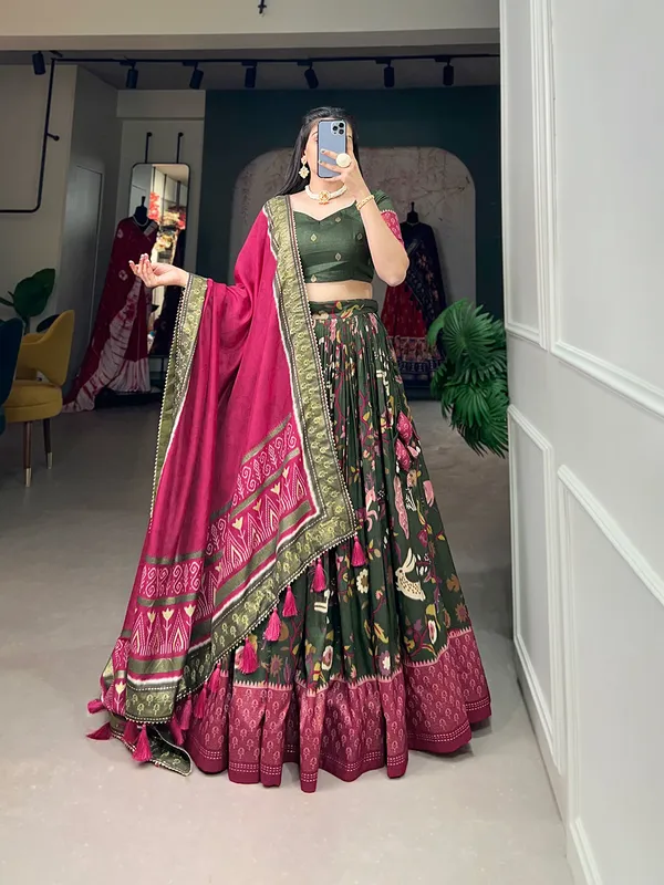 Tussar_Silk_Green_Fabulously_Patola_Printed_Stitched_Lehenga_&_Blouse_With_Dupatta