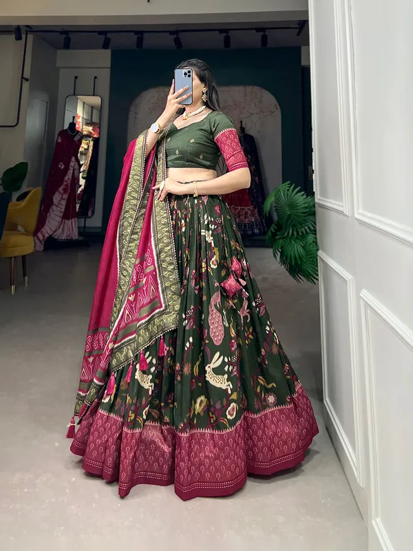 Tussar_Silk_Green_Fabulously_Patola_Printed_Stitched_Lehenga_&_Blouse_With_Dupatta