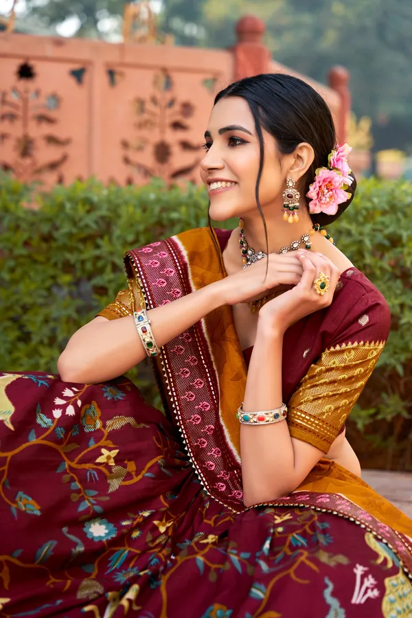 Tussar_Silk_Maroon_Fabulously_Patola_Printed_Stitched_Lehenga_&_Blouse_With_Dupatta