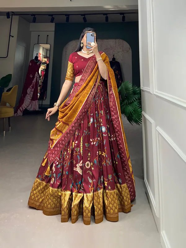 Tussar_Silk_Maroon_Fabulously_Patola_Printed_Stitched_Lehenga_&_Blouse_With_Dupatta