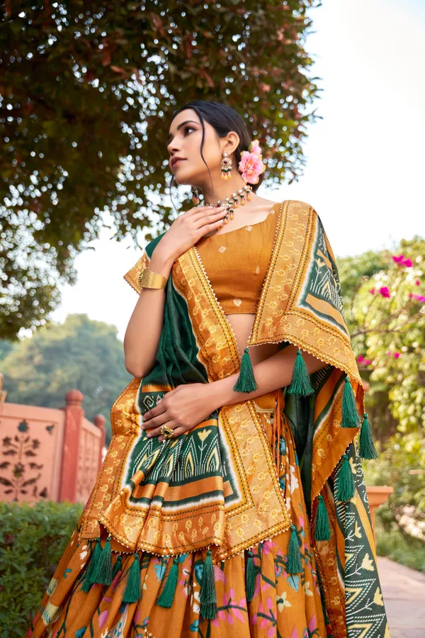 Tussar_Silk_Mustard_Fabulously_Patola_Printed_Stitched_Lehenga_&_Blouse_With_Dupatta