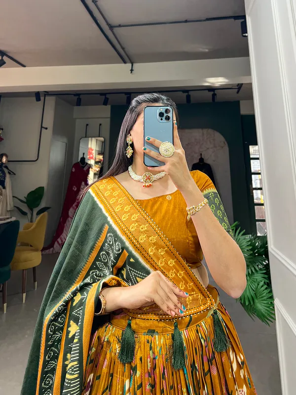 Tussar_Silk_Mustard_Fabulously_Patola_Printed_Stitched_Lehenga_&_Blouse_With_Dupatta