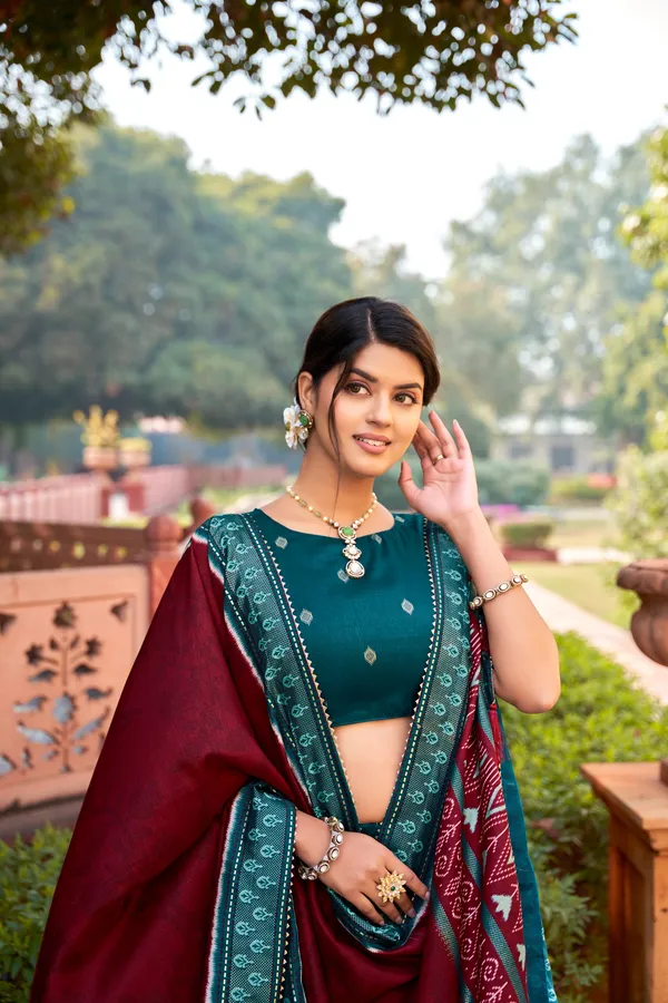 Tussar_Silk_Rama_Fabulously_Patola_Printed_Stitched_Lehenga_&_Blouse_With_Dupatta