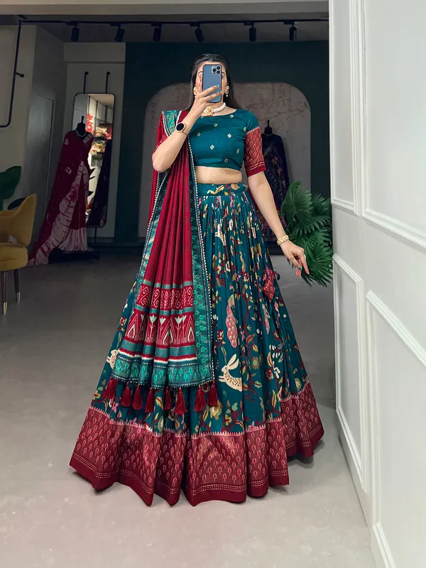 Tussar_Silk_Rama_Fabulously_Patola_Printed_Stitched_Lehenga_&_Blouse_With_Dupatta