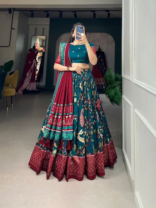 Tussar_Silk_Rama_Fabulously_Patola_Printed_Stitched_Lehenga_&_Blouse_With_Dupatta