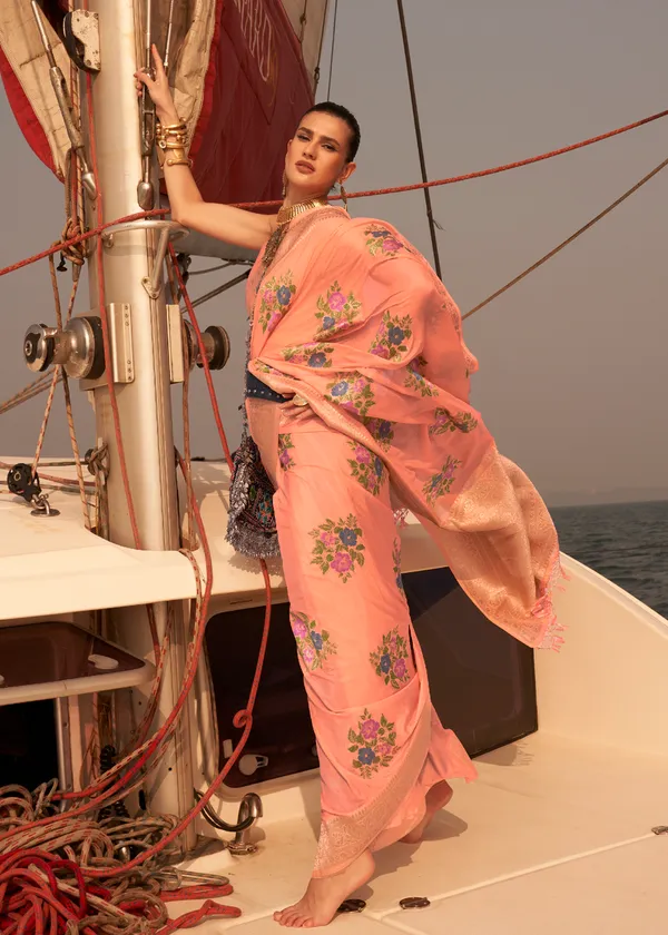 Peach_Satin_Tissue_Weaving_Silk_Saree