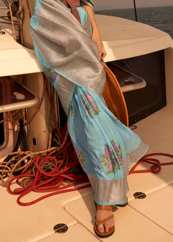 Blue_Satin_Tissue_Weaving_Silk_Saree