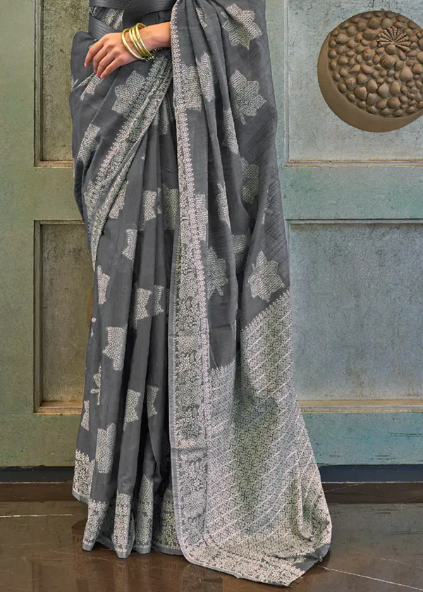 Grey_Chikankari_Lukhnowi_Handloom_Saree