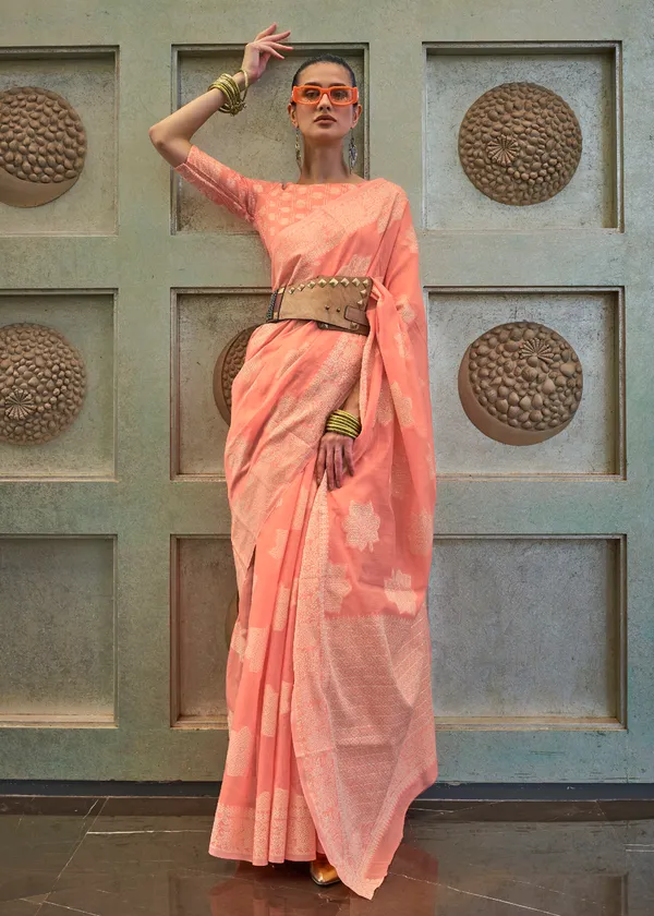 Peach_Chikankari_Lukhnowi_Handloom_Saree