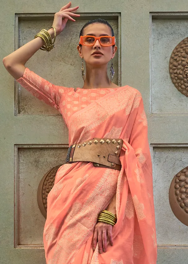 Peach_Chikankari_Lukhnowi_Handloom_Saree
