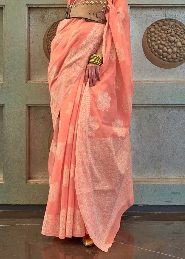 Peach_Chikankari_Lukhnowi_Handloom_Saree