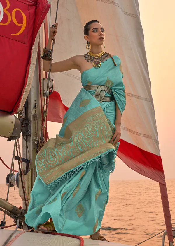 Sky_Blue_Satin_Pastel_Weaving_Silk_Saree