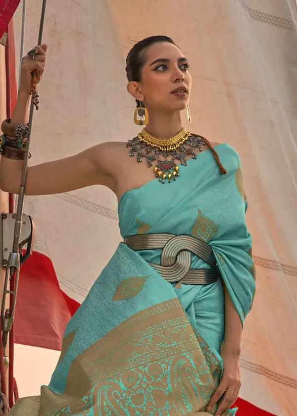 Sky_Blue_Satin_Pastel_Weaving_Silk_Saree
