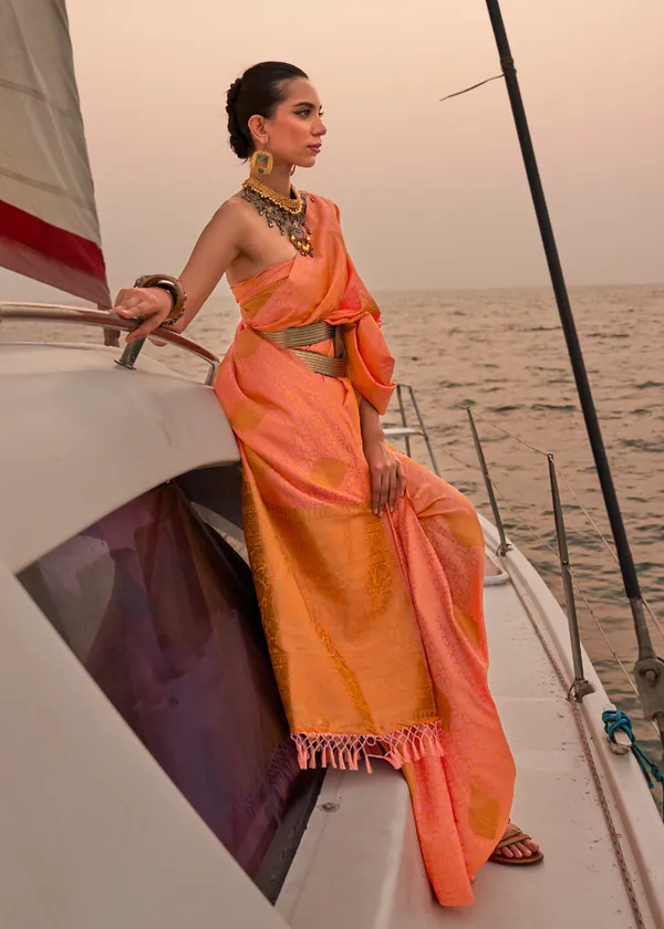 Peach_Satin_Pastel_Weaving_Silk_Saree