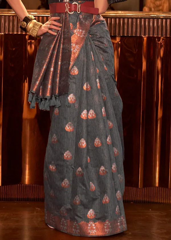 Grey_Copper_Zari_Linen_Handloom_Saree