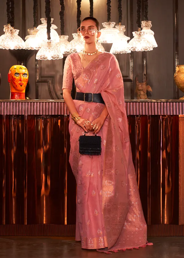 Pink__Copper_Zari_Linen_Handloom_Saree