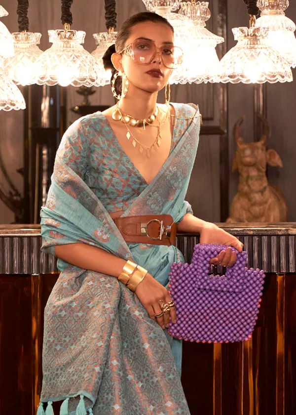 Sky_Blue__Copper_Zari_Linen_Handloom_Saree