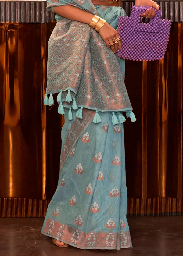 Sky_Blue__Copper_Zari_Linen_Handloom_Saree
