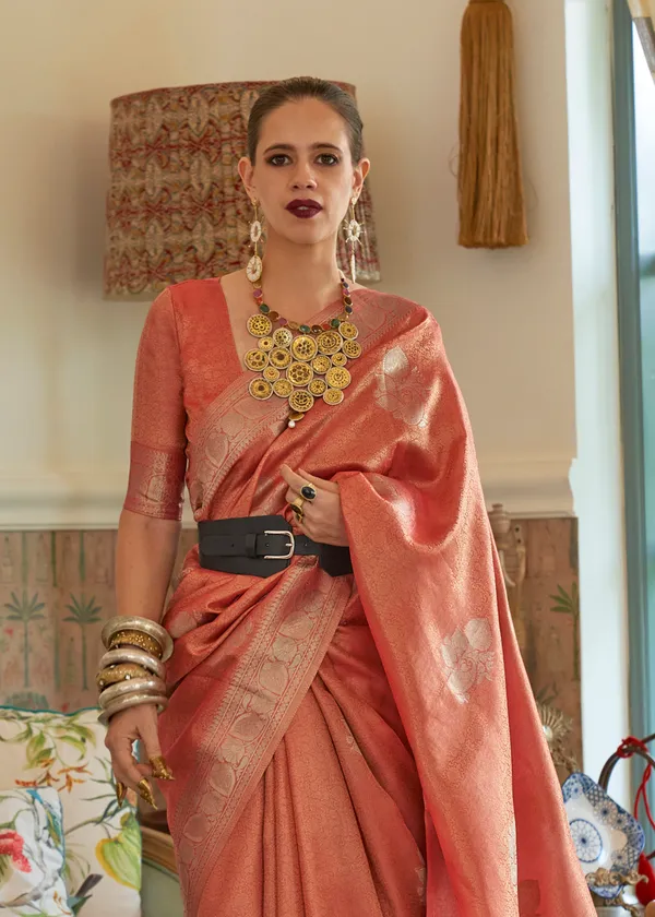 Peach__Satin_Tissue_Weaving_Silk_Saree