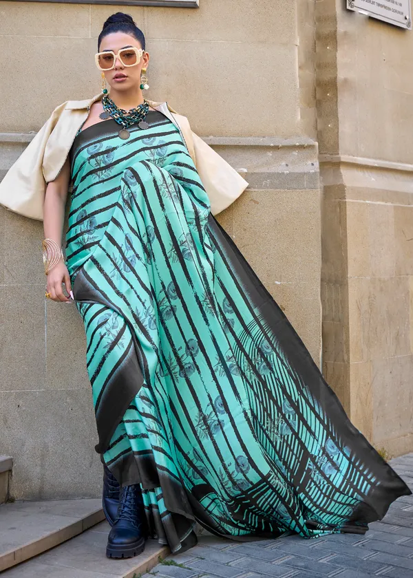Blue__Print_Satin_Crepe_Saree