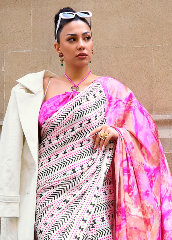 Pink__Print_Satin_Crepe_Saree
