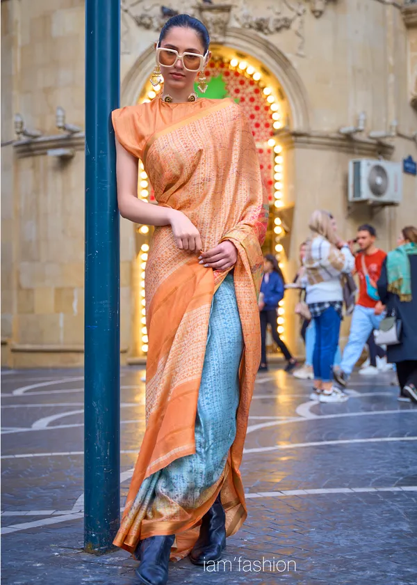 Orange__Poly_Print_Viscose_Handloom_Saree