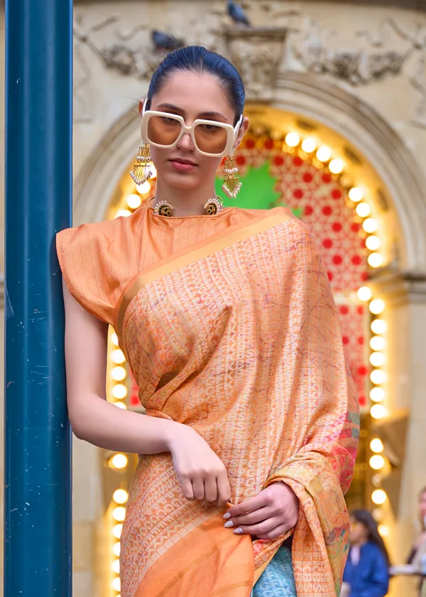 Orange__Poly_Print_Viscose_Handloom_Saree