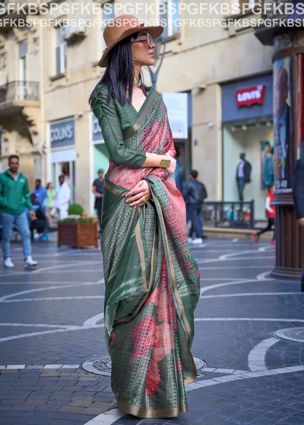 Green__Poly_Print_Viscose_Handloom_Saree
