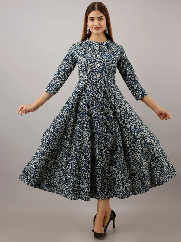 Blue_Kurti_Pure_Cotton_Floral_Print_Anarkali_Dress
