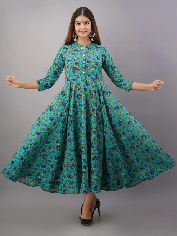 Bottle_Green_A-line_Pure_Cotton_Floral_Printed_Dress