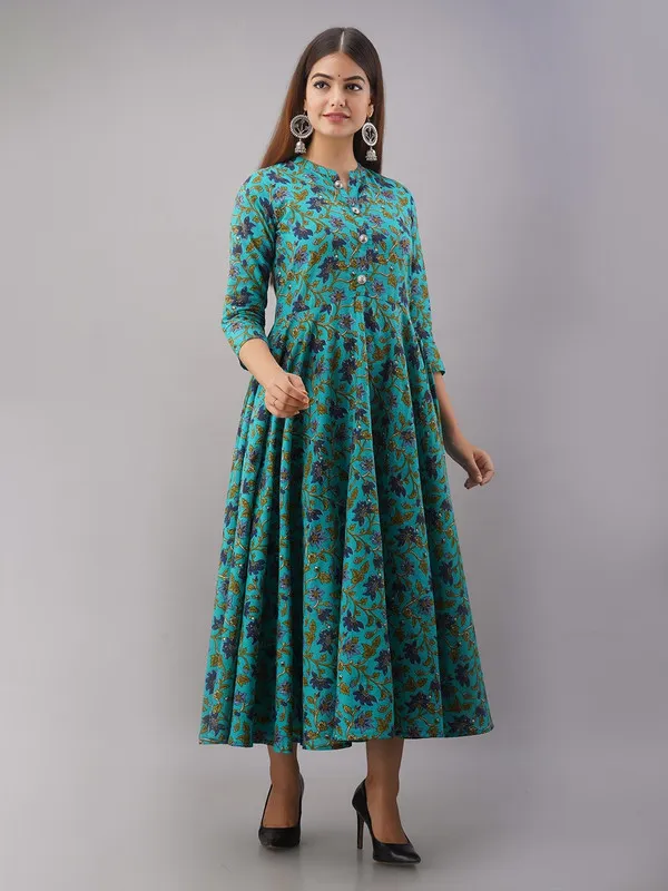 Bottle_Green_A-line_Pure_Cotton_Floral_Printed_Dress