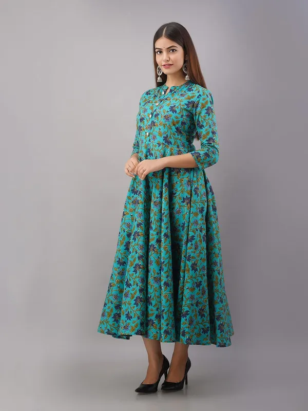 Bottle_Green_A-line_Pure_Cotton_Floral_Printed_Dress