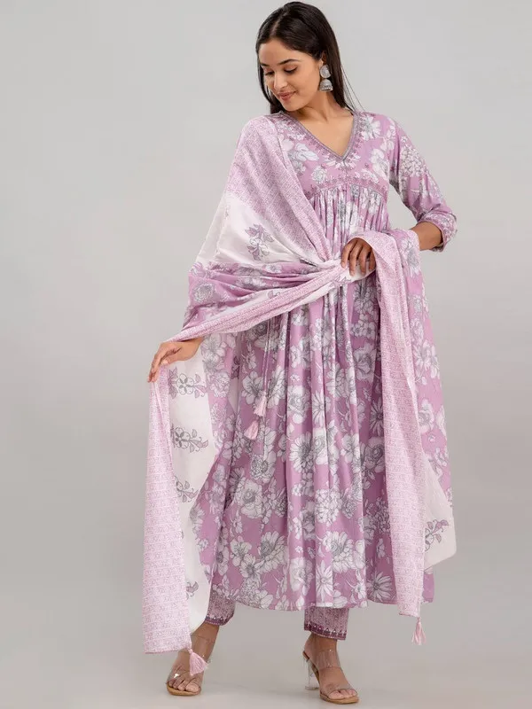Purple_Floral_Print_Pure_Cotton_Kurta_With_Palazzo_&_Dupatta
_Set