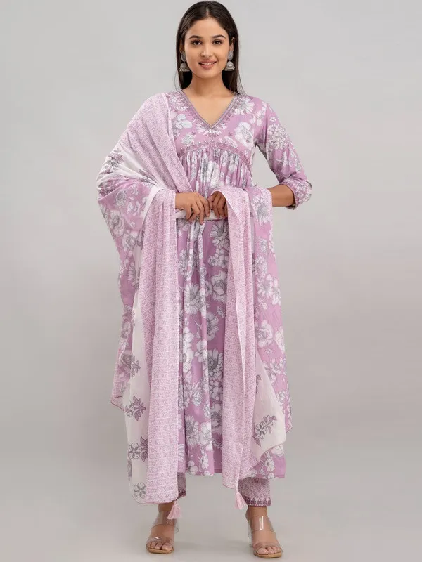 Purple_Floral_Print_Pure_Cotton_Kurta_With_Palazzo_&_Dupatta
_Set