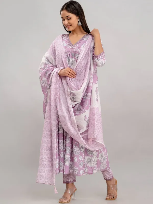 Purple_Floral_Print_Pure_Cotton_Kurta_With_Palazzo_&_Dupatta
_Set