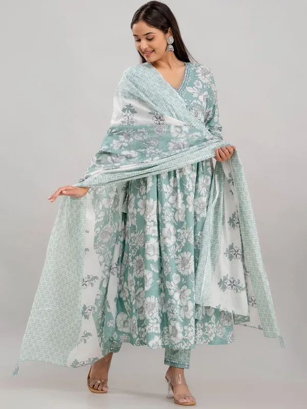 Green_Floral_Print_Pure_Cotton_Kurta_With_Pant_&_Dupatta
_Set