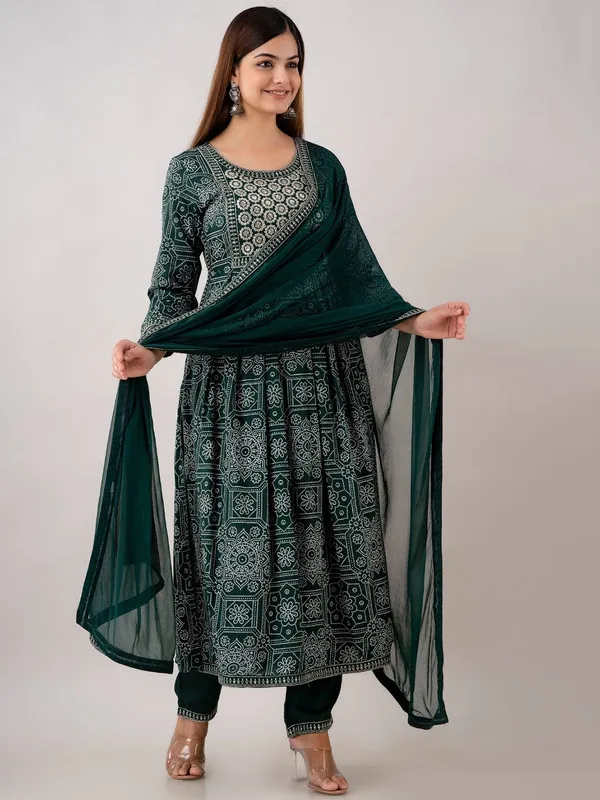 Dark_Green__A-line_Rayon_White_Squine_Work_Embroidered_Kurta_and_Dupatta_Set