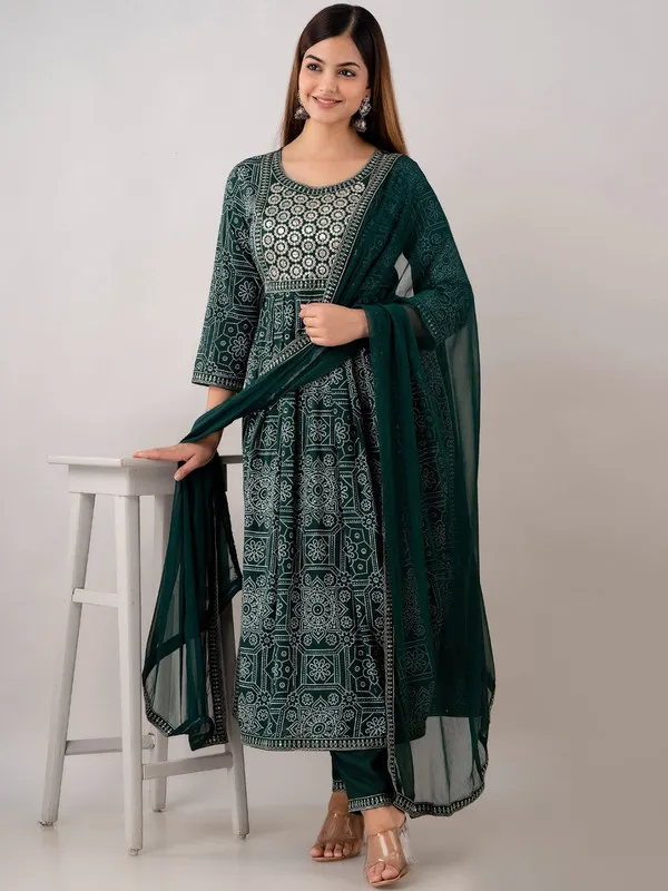 Dark_Green__A-line_Rayon_White_Squine_Work_Embroidered_Kurta_and_Dupatta_Set