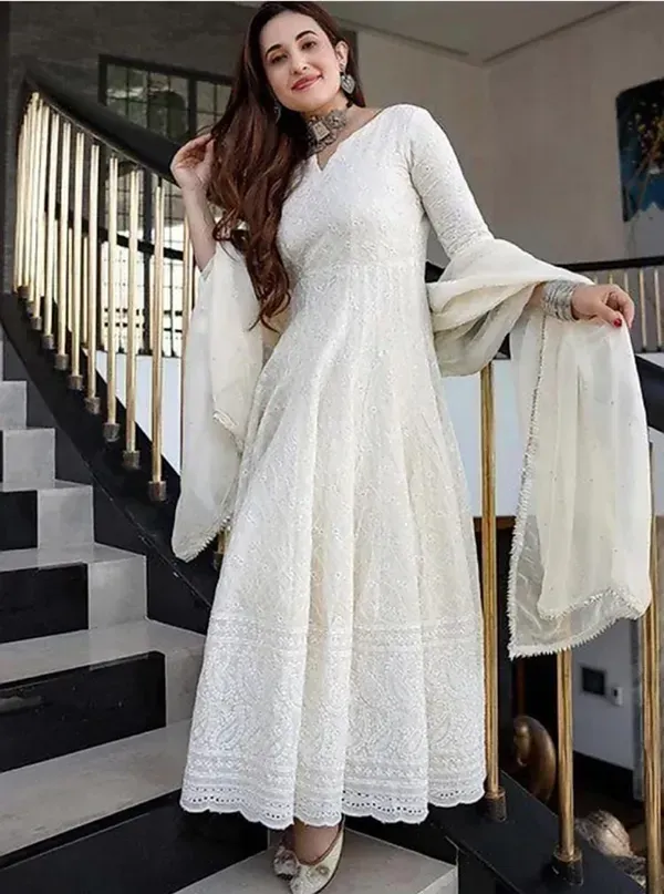Fabindia kurti Snow White Cotton Ethnic Chikankari Anarkali With