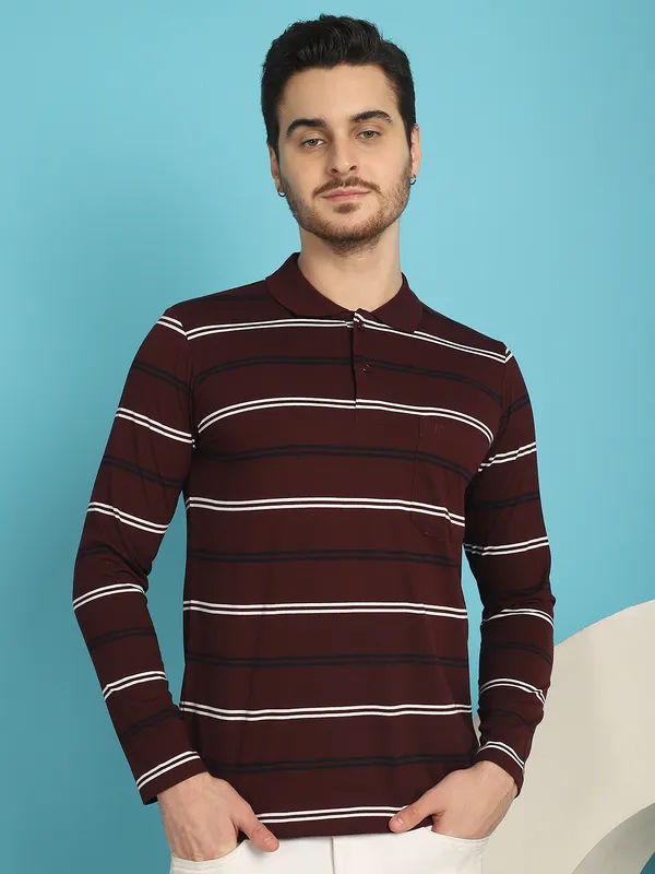 Venitian_Men_Striped_Polo_Neck_Full_Sleeves_Wine_T-Shirt_Wih_Pocket
