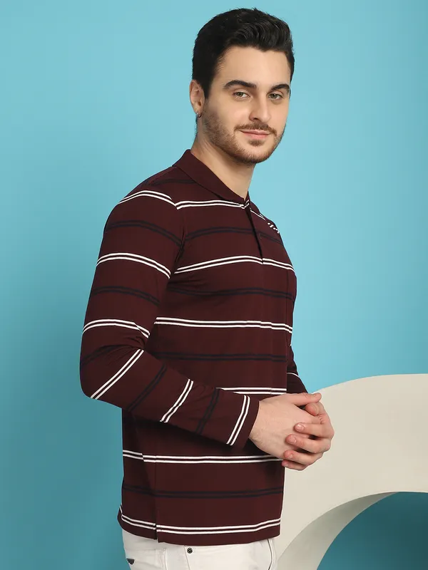 Venitian_Men_Striped_Polo_Neck_Full_Sleeves_Wine_T-Shirt_Wih_Pocket