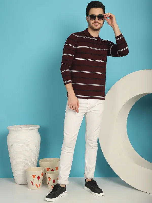 Venitian_Men_Striped_Polo_Neck_Full_Sleeves_Wine_T-Shirt_Wih_Pocket