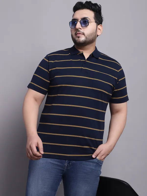 Men_Plus_Size_Striped_Polo_Neck_Cotton_Navy_T-Shirt_With_Pocket