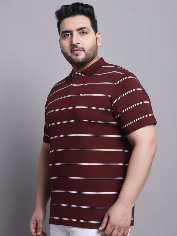 Men_Plus_Size_Striped_Polo_Neck_Cotton_Wine_T-Shirt_With_Pocket